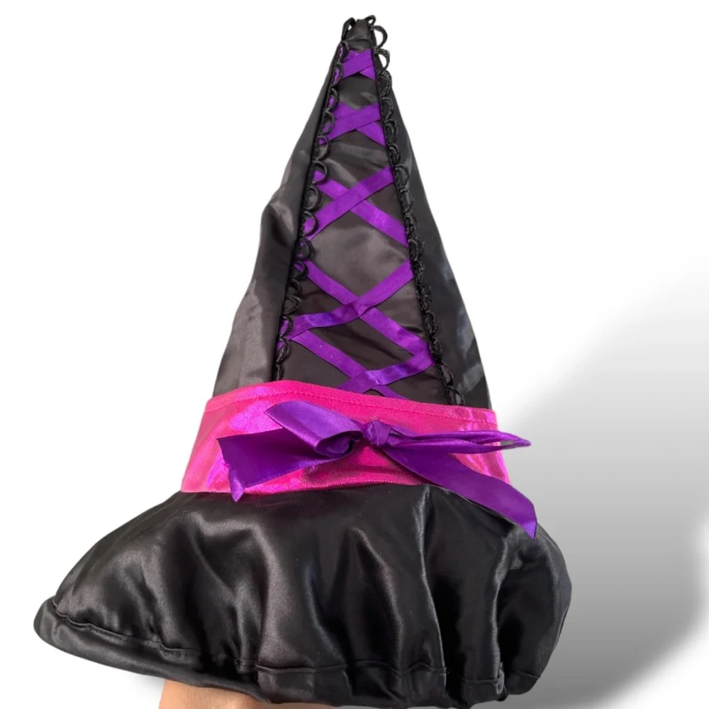 Crooked Witch Halloween Hat Kids OS Black Satin Purple Lace-Up Pink Bow